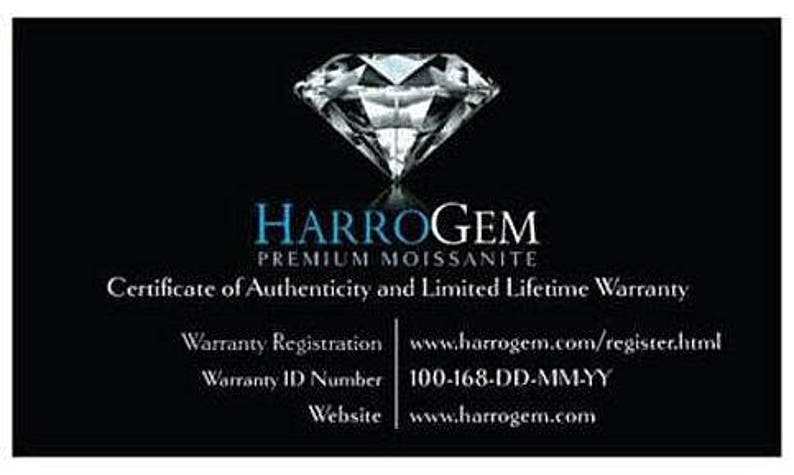 May include: A black business card with the HarroGem logo, a diamond graphic, and text. The text includes "Premium Moissanite," "Certificate of Authenticity," and website information.