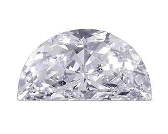 May include: A clear, round, half-moon shaped diamond gemstone.