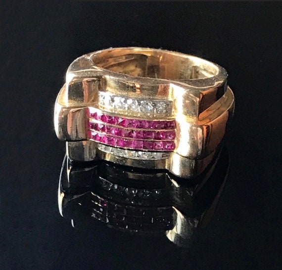 Rare Vintage Art Deco Ruby Diamond TANK Ring 18k … - image 2