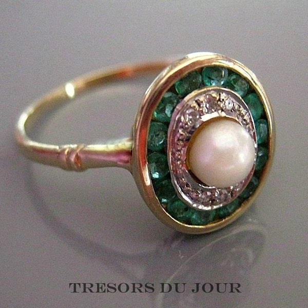 Anillo de compromiso eduardiano perla esmeralda diamante oro halo anillo de compromiso, réplica hecha a mano personalizada, elegante regalo vintage para ella