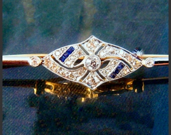 Elegant Antique Art Deco Bar Brooch with Genuine Sapphire Diamonds, Platinum and 18k Yellow Gold, Timeless Jewelry Mothers Day Gift