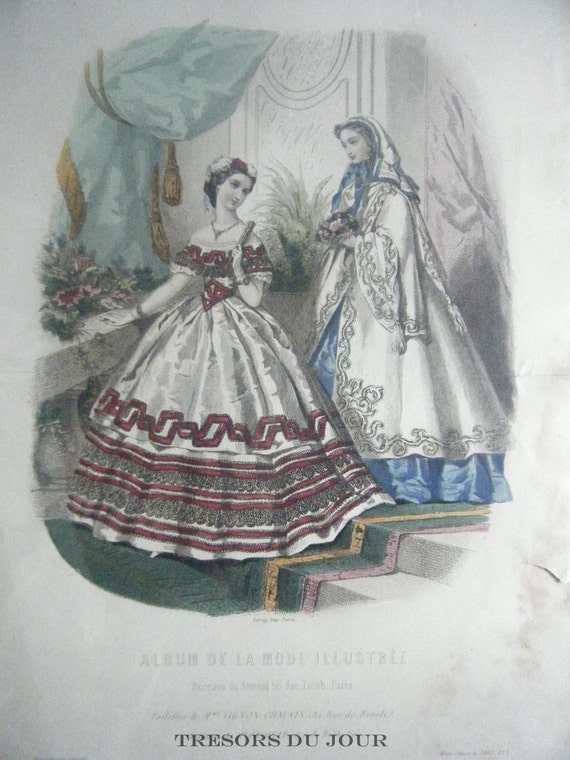 Antique FRENCH FASHION PLATE La Mode Illustree Blue C. 1862