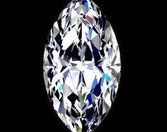 May include: A marquise-cut diamond against a black background. The gemstone is highly faceted, reflecting light with a brilliant sparkle. The elongated shape of the diamond is symmetrical, with pointed ends and a rounded center. The facets create a complex pattern of light and shadow.