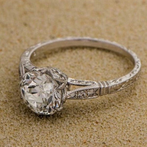 Edwardian Engagement Ring 'Gabrielle' Diamond accented hand engraved millegrain custom Edwardian vintage style Platinum or  WhiteGold