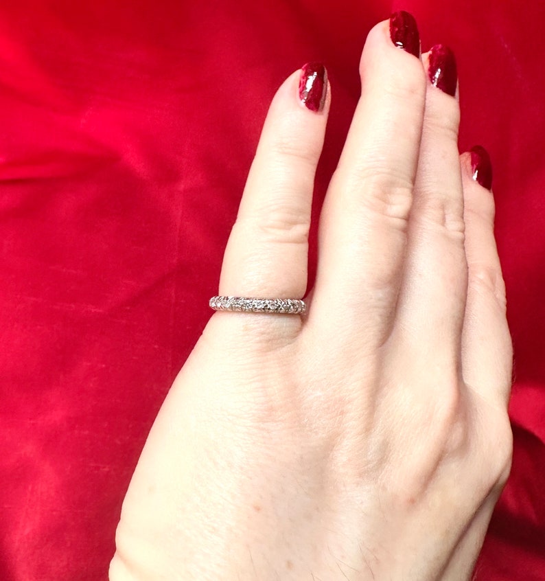 Vintage Art Deco Diamond Wedding Band, Elegant Platinum Genuine Full Eternity Anniversary Ring image 8