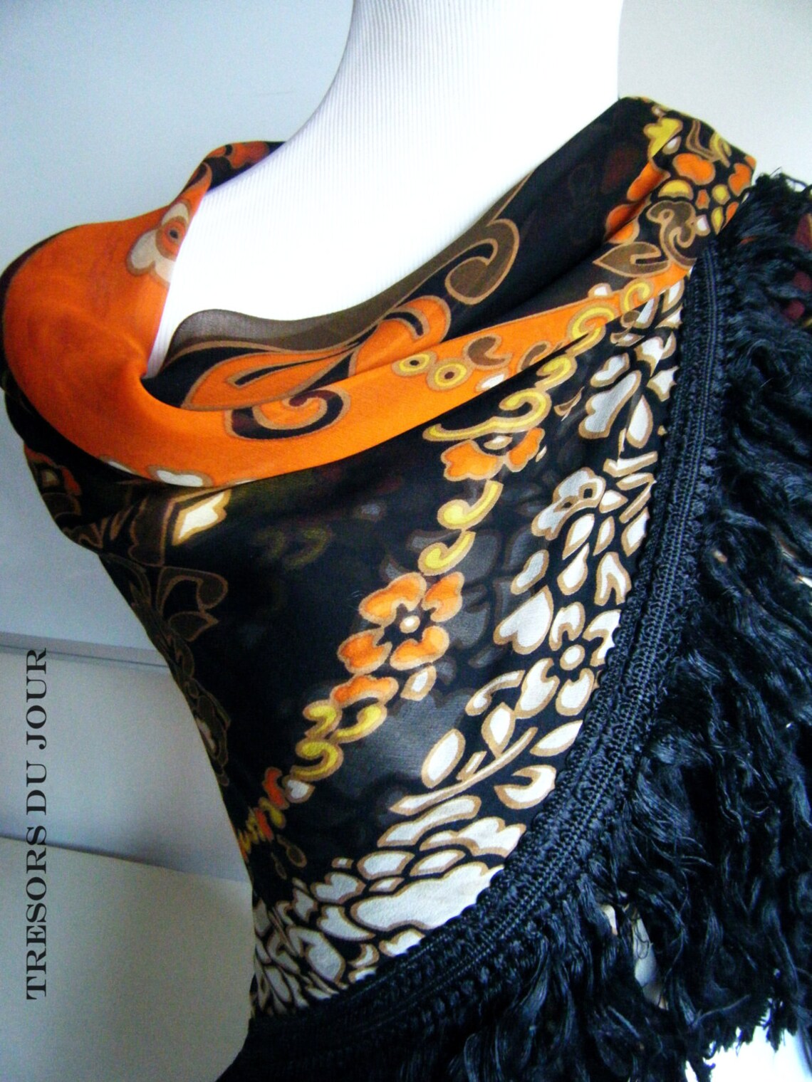 Vintage Designer Silk Scarf Black White Orange Green Vintage Etsy