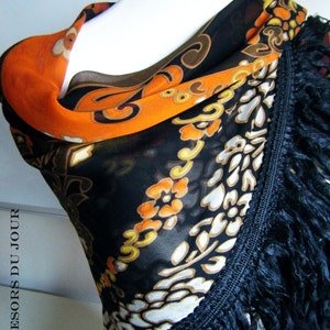 Large Vintage Designer Silk Square Scarf black white orange green Guy Laroche Silk shawl black For Women silk fringe