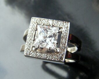 Unique Moissanite Engagement Ring, Custom square Princess Cut Diamond Solitaire Halo Diamond or Lab Grown Diamond Ring