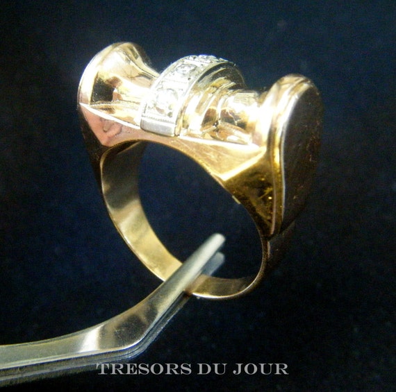 Art Deco Tank Ring, Rare Handmade 18k Gold Natura… - image 8