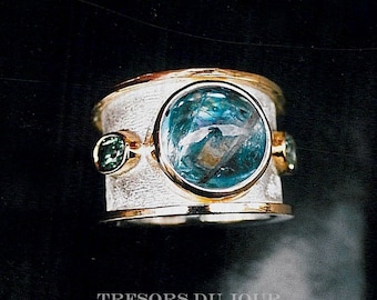 Aangepaste grote statement ring Etruskische stijl tweekleurig met echte aquamarijn en toermalijn accenten, handgemaakte edelsteen sieraden, cadeau voor haar