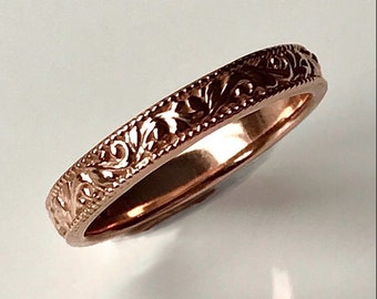 Vintage Wedding Band Rings Womans Mens Unisex 14k Gold 18k Platinum Engraved Dainty Milgrain Leaves Detail  Matching Couples Stacking Ring