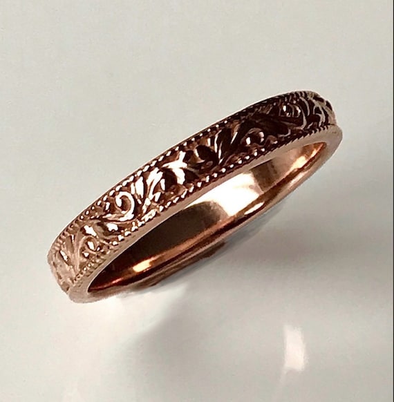Vintage Wedding Band Rings Womans Mens Unisex 14k Gold 18k Platinum Engraved Dainty Milgrain Leaves Detail  Matching Couples Stacking Ring