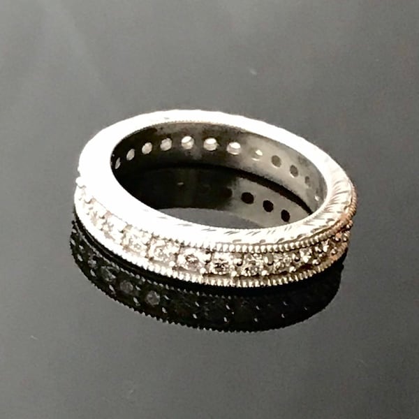 Millegrained Engraved Full Diamond Eternity Infinity Ring Bespoke Custom Diamond Band 14k White Gold Platinum Ring Settings Anniversary Band