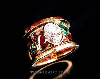 Custom Wide Renaissance Multi Stone Ring Diamond CONFETTI RING GOLD Emeralds Rubies Diamonds  Renaissance Revival Etruscan style Ring