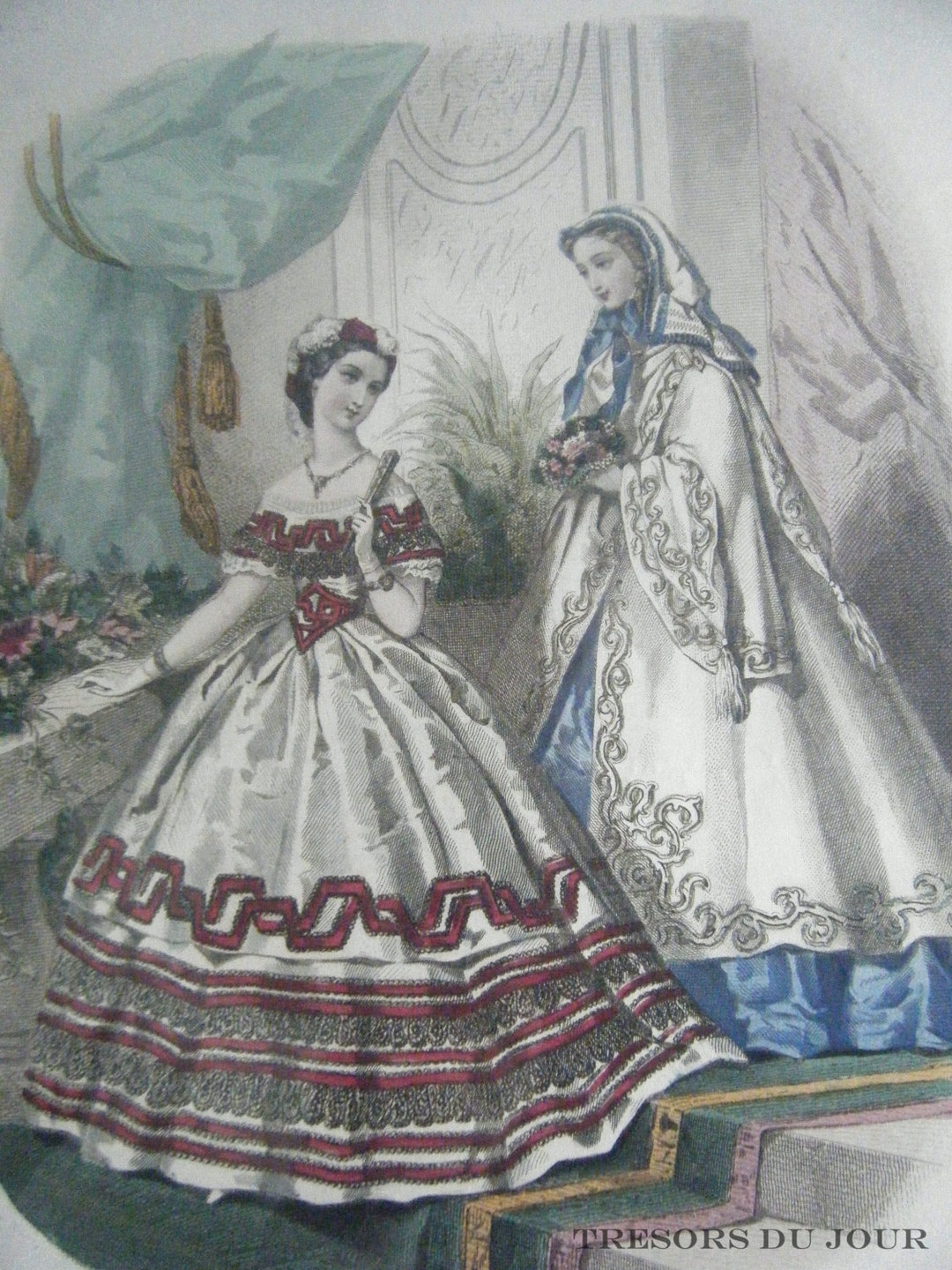 Antique FRENCH FASHION PLATE La Mode Illustree Blue C. 1862