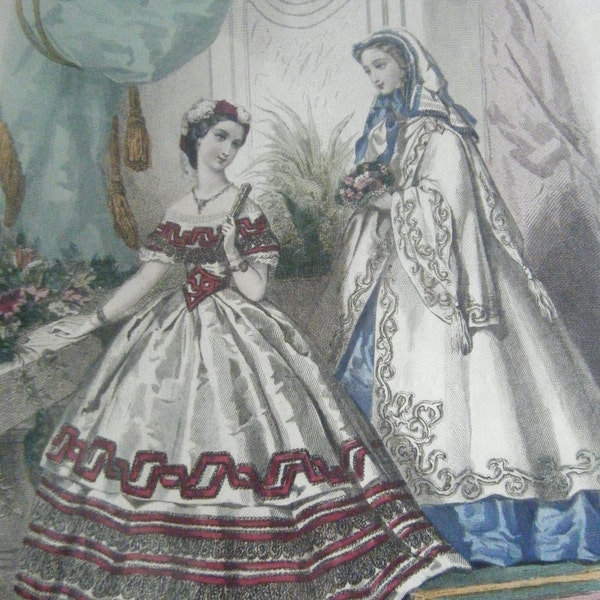 Antique FRENCH FASHION PLATE La Mode Illustree Blue c. 1862 Fashion Illustration, Antique Fashion Print