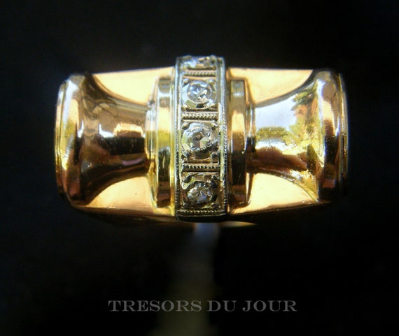 Art Deco Tank Ring, Rare Handmade 18k Gold Natura… - image 2