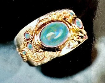 Aangepaste statementring met echte aquamarijn en diamanten, unieke handgemaakte edelsteen kunstsieraden, massief 14k 18k tweekleurig goud