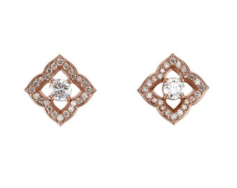 Stud Earrings Moissanite 14k Gold Custom Forever One Elegant Wedding or Everyday Alhambra Diamond Solid White Gold Cluster Gift for Her