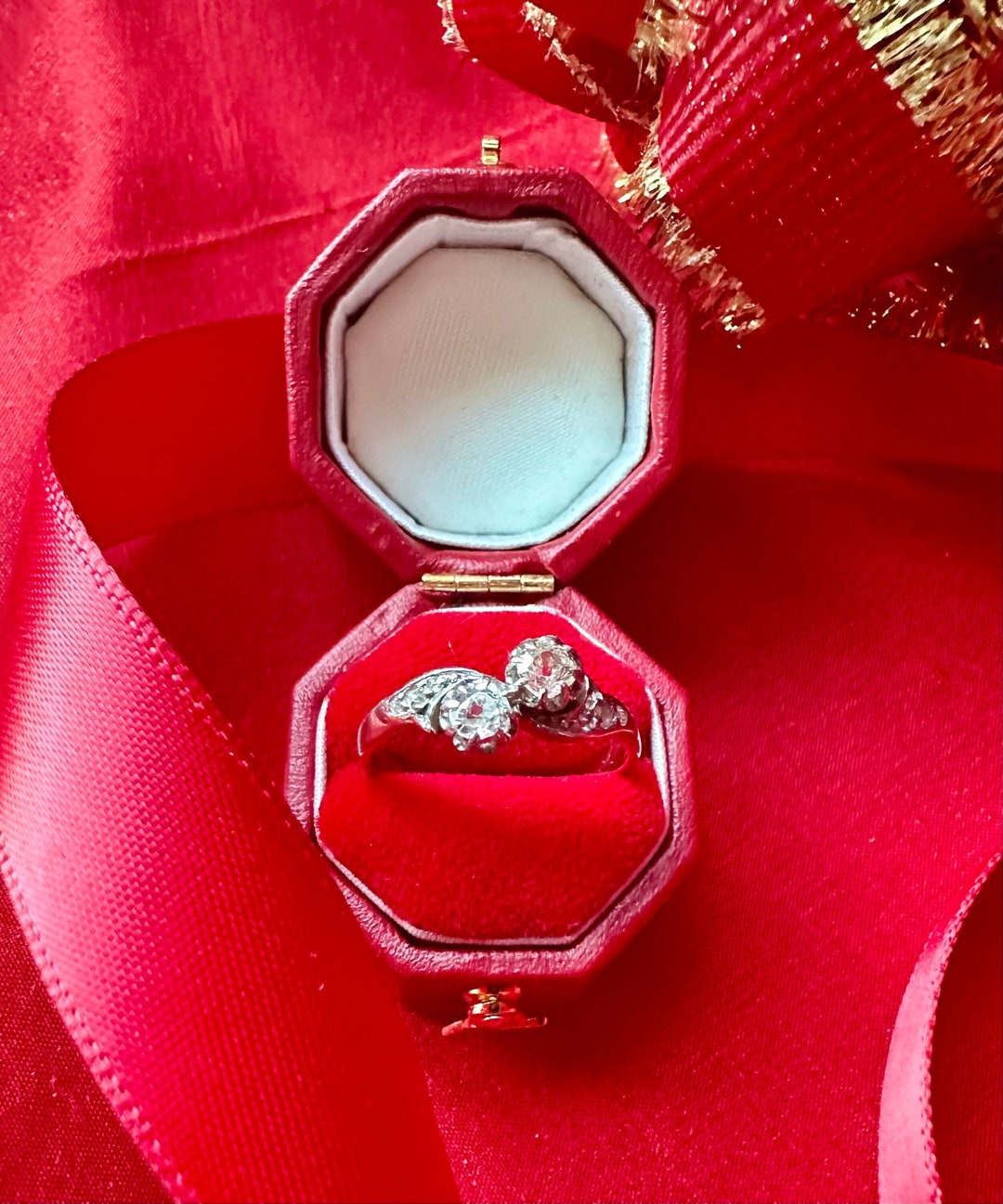 Bague Ancienne Toi Et Moi En Or 18k Platine Et Diamant - Style Fiançailles/vintage - Taille 56