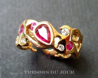 Ruby Engagement Ring Unique Custom Wedding RING sculpted openwork Damask 14k or 18k gold band diamonds Genuine Real