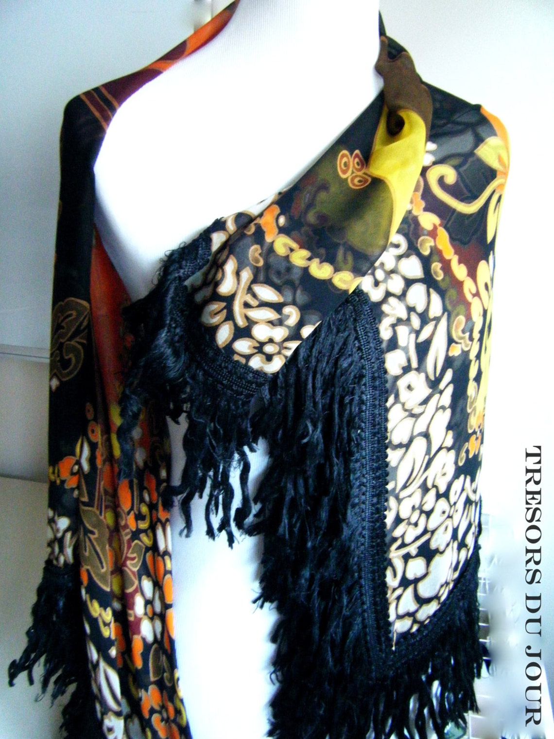 Vintage Designer Silk Scarf Black White Orange Green Vintage Etsy