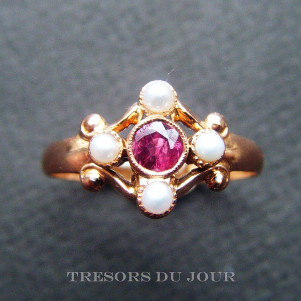 EDWARDIAN Engagement Ring Genuine Ruby Ring Art Deco Engagement Ring Pearl Rose Gold Engagement Ring Vintage Ruby Ring Promise Ring Gold