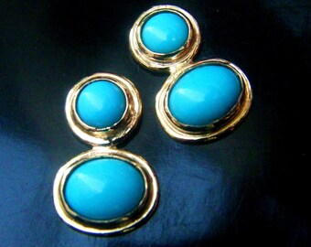 Custom Handmade TURQUOISE Cabochon Stone EARRINGS Yellow Gold Blue Stud Button Earrings