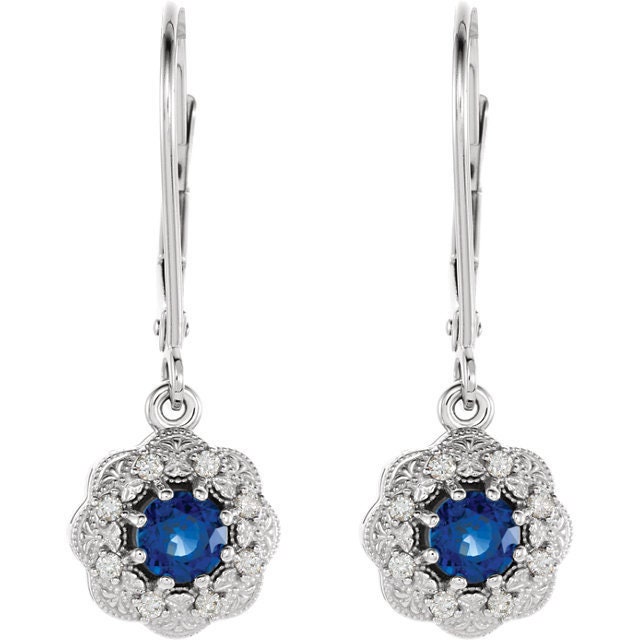 Blue and White Sapphire Flower Cluster Dangle Earrings 14K Yellow or White Gold Blue and White Sapphire Flower Cluster Dangle Earrings 14K Yellow or White Gold