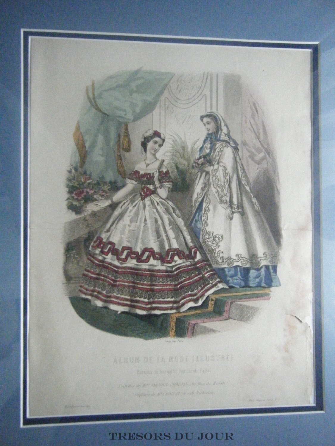 Antique FRENCH FASHION PLATE La Mode Illustree Blue C. 1862
