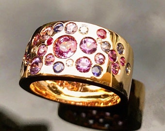 Unique Gemstone Multi Gemstone Ring Handmade Custom Wide Scatter Band Genuine Natural Sapphire Diamond Solid 14k Gold Statement Gift Her
