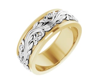 Victorian Floral Vine Wedding Bands in 14k or 10k Gold, Unique Two Tone Yellow and White Solid Gold, Antique Vintage Style Rings Men Women