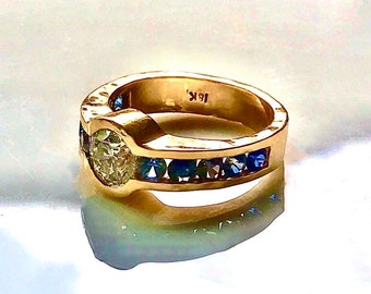 Custom Handmade Non Traditional Diamond Engagement Wedding RING for Women Unisex 14k 18k Solid Gold Minimalist Teal Blue Purple Sapphire