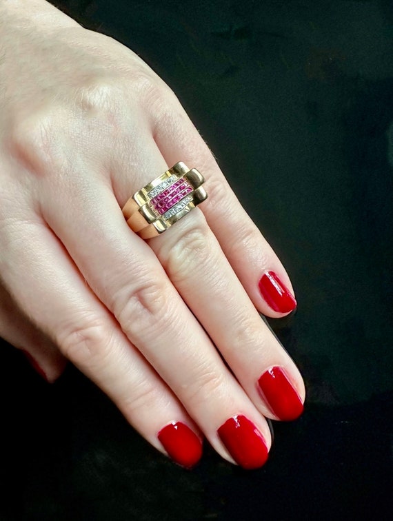 Rare Vintage Art Deco Ruby Diamond TANK Ring 18k … - image 4