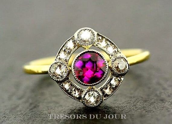 Antique 18ct gold ruby and diamond ring made in 1905