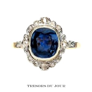 Sapphire Halo Diamond Engagement Ring 'Fontainebleau' Custom Vintage Edwardian Engagement Ring Genuine Sapphire Antique Style