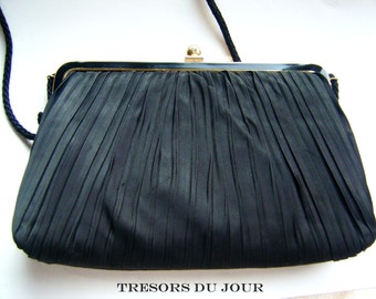 Vintage Black Satin Evening Bag Shoulder Strap Bags Black and Gold Hand Bag Clutch 1980s Retro Formal For Women