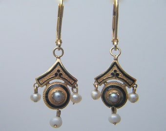 RESERVIERT ** Antike Perlenohrringe, sehr seltene Second Empire 18kt GOLD OHRRINGE mit schwarzen Emaille Perlen; Renaissance Revival Französisch c 1865