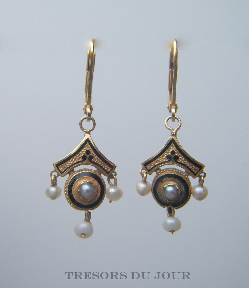 RESERVED Antique Pearl Earrings, Very Rare Second Empire 18kt GOLD EARRINGS with Black Enamel Pearls Renaissance Revival French c 1865 image 1