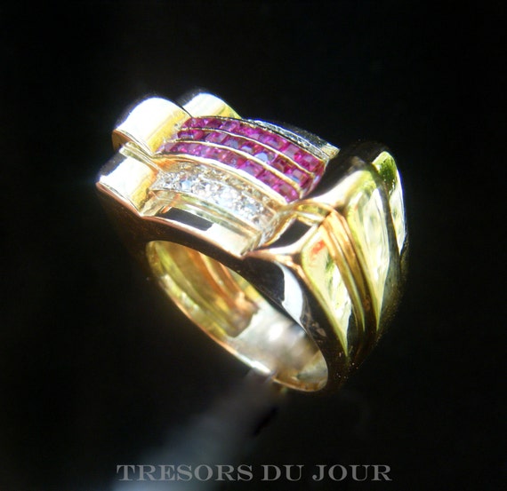 Rare Vintage Art Deco Ruby Diamond TANK Ring 18k … - image 1