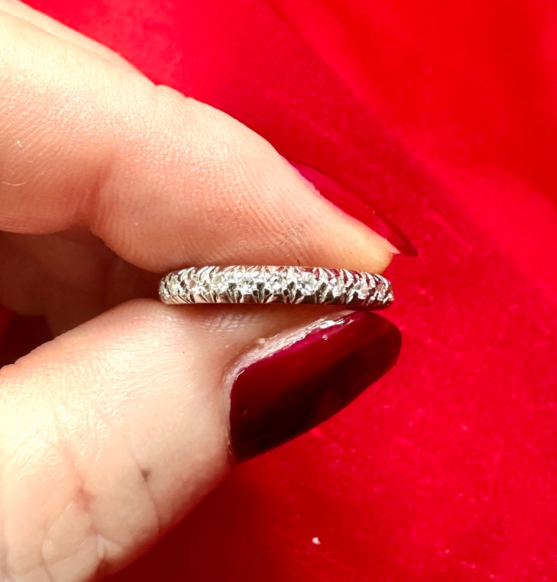 Vintage Art Deco Diamond Wedding Band, Elegant Platinum Genuine Full Eternity Anniversary Ring image 4