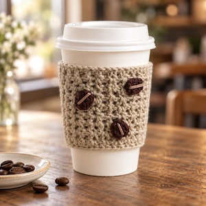 Pode incluir: Um copo de café descartável branco com uma manga de crochê bege decorada com três aplicações de grãos de café feitas de fio castanho escuro. A manga tem um padrão de ponto tecido texturizado e ajusta-se ao centro do copo.