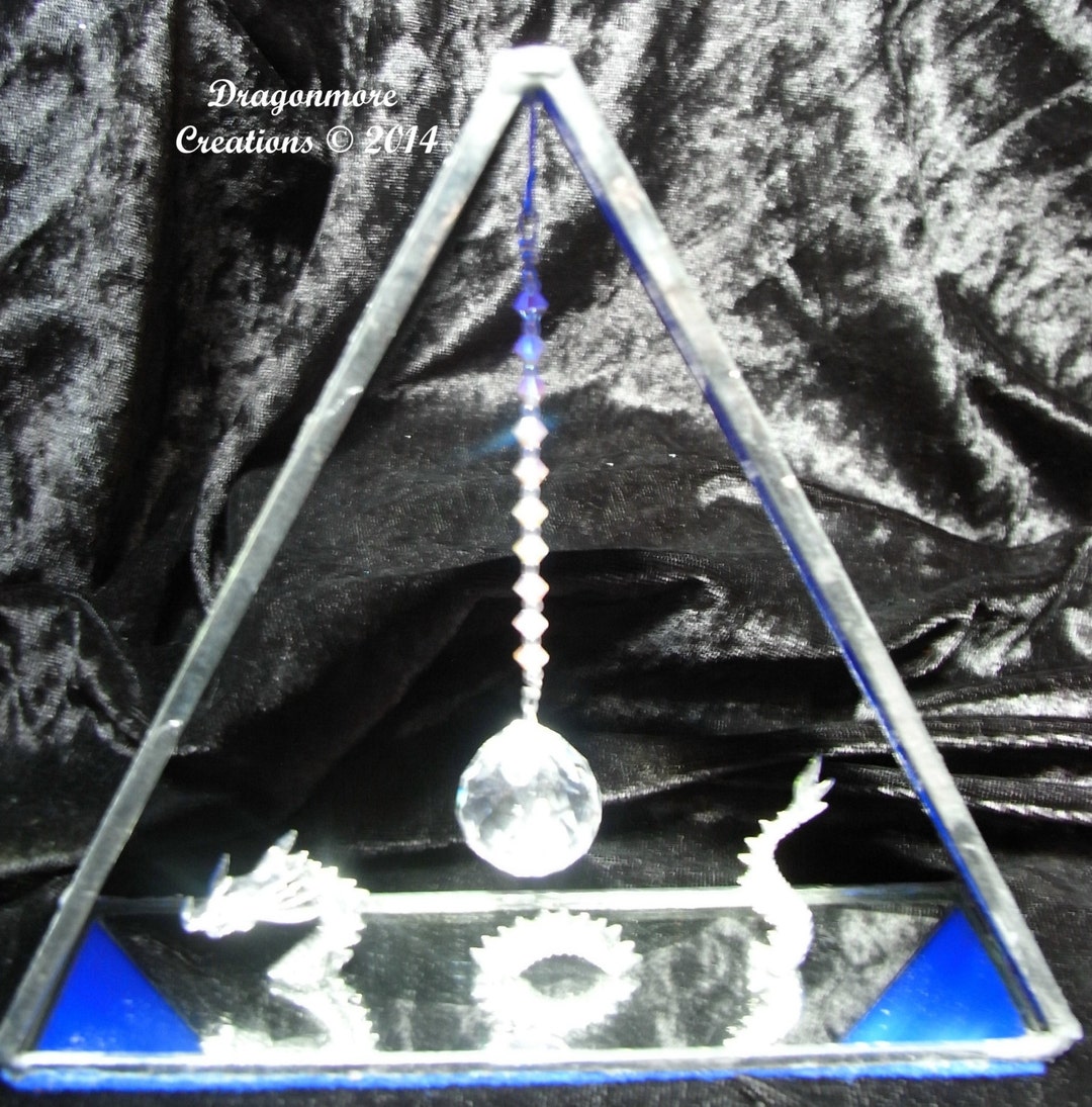 Pyramid Suncatcher, Chinese Water Dragon Pewter Figurine With Cobalt