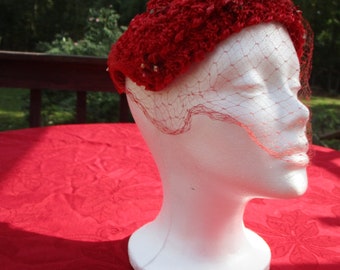 Vintage 1950's Crimson Crimppled Ribbon Hat Peppered Floral Accents with Veil