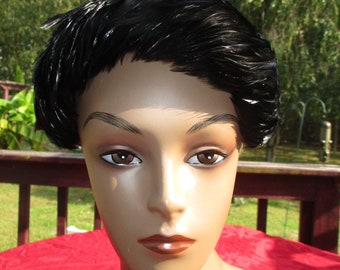 Vintage 1950's Black Feather Layered Hat with Iridenscent Blue at different angles