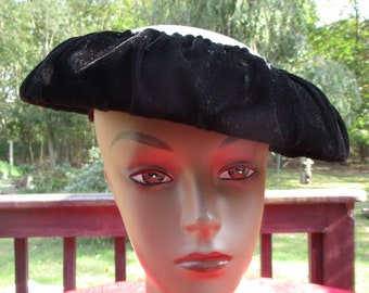 Vintage 1950's Black Velour Hat with White Mettalic Crown, Faux Diamond Front Accent, Rear Bow