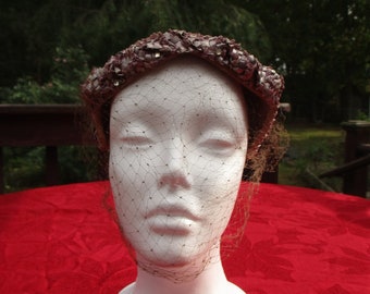Vintage 1950's: Lavender Pink Straw Three-Quarter Hat. Two V-Shaped Rhinestone Side Brooches, Veil In Front & Faux Pearl Stick Pin In Back