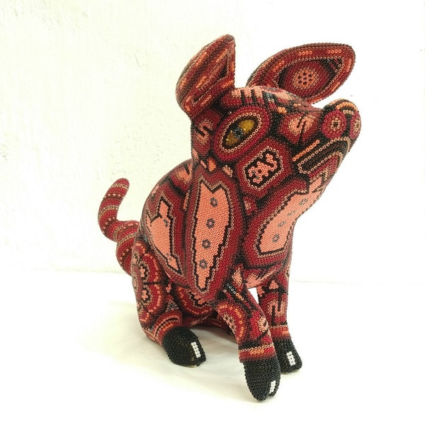 Super Cute Huichol Hand Beaded Mexican Folk Art Pig By Mayola Villa Lopez pp2717
