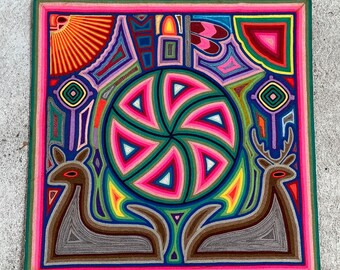 Huichol Indian Mexican Folk Art Yarn Painting by Jesus Jimenez PP5685