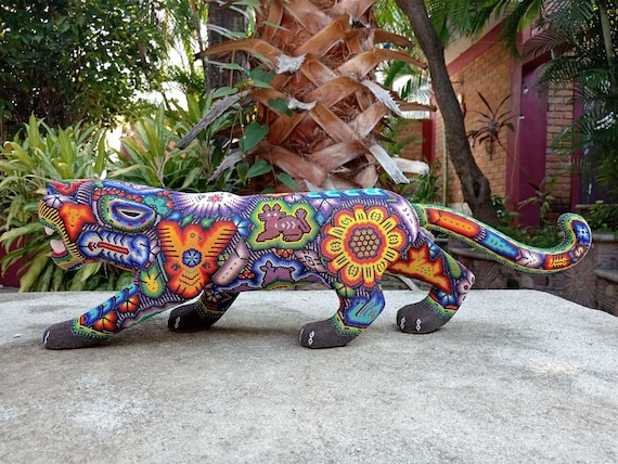 Mexican Folk Art Huichol Beaded Jaguar by Isandro Villa Lopez